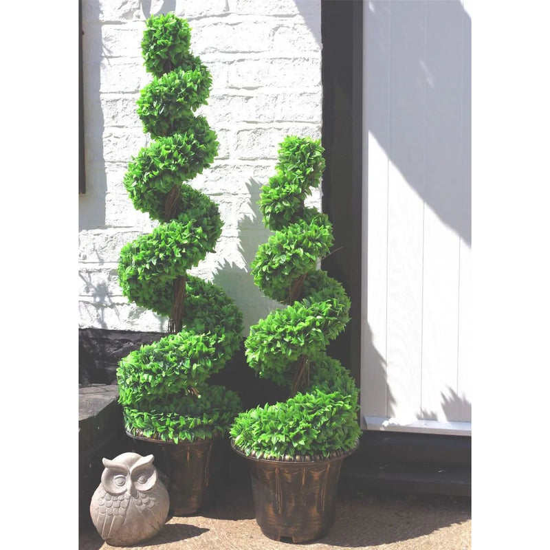 120cm Pair of Green Large Leaf Spiral Topiary Trees with Decorative Planters Leaf
