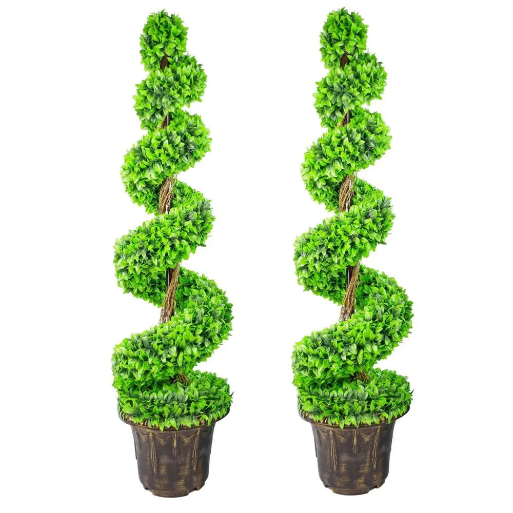 120cm Pair of Green Large Leaf Spiral Topiary Trees with Decorative Planters Leaf