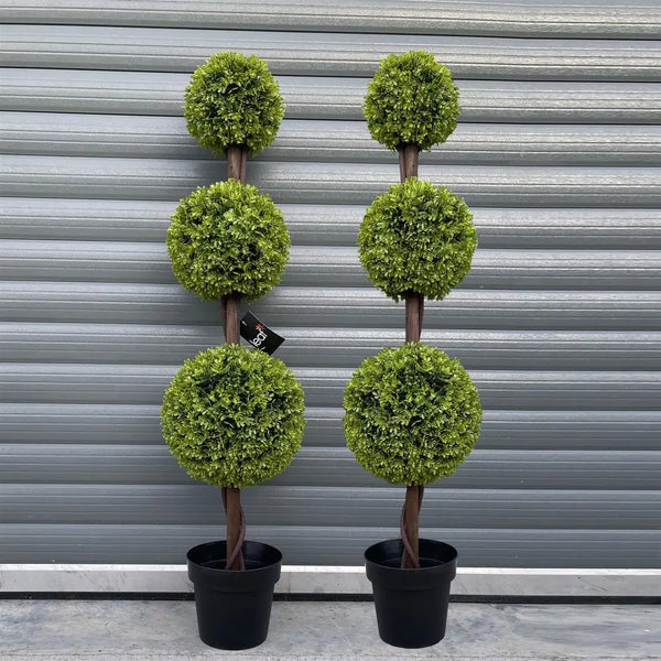 120cm Pair of Green Triple Ball Topiary Trees Leaf