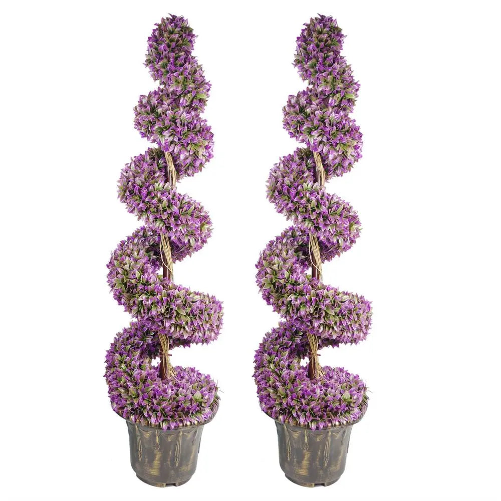 120cm Pair of Purple Large Leaf Spiral Topiary Trees with Decorative Planters Leaf