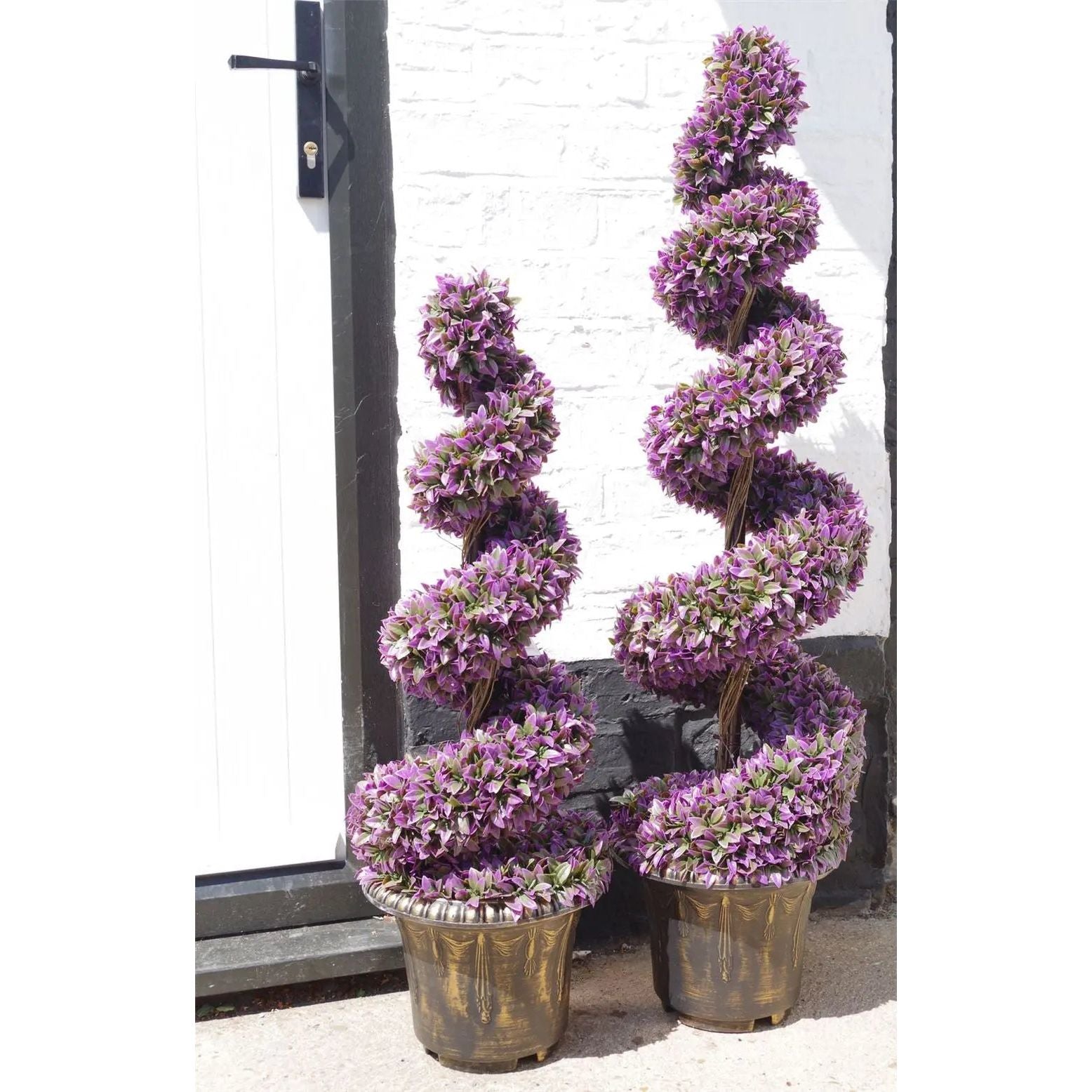 120cm Pair of Purple Large Leaf Spiral Topiary Trees with Decorative Planters Leaf