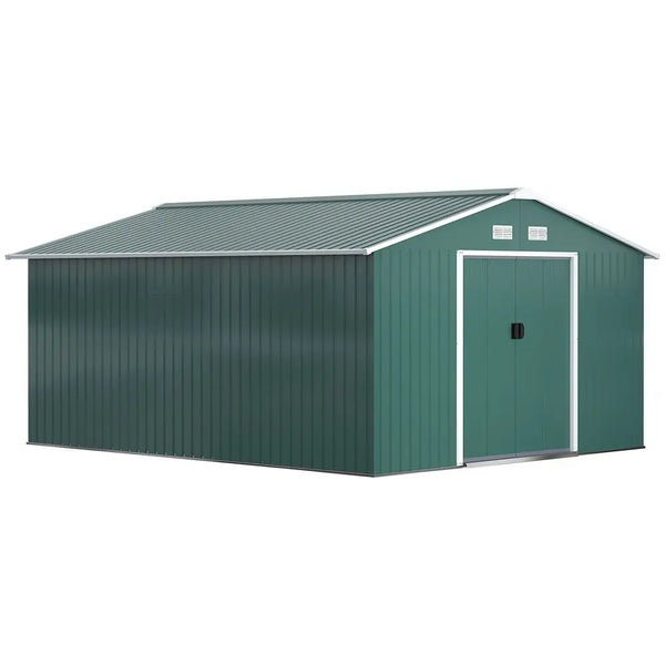 13ft x 11ft Outdoor Roofed Metal Storage Shed Foundation Vent & Doors Green Outsunny