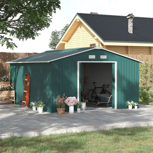 13ft x 11ft Outdoor Roofed Metal Storage Shed Foundation Vent & Doors Green Outsunny