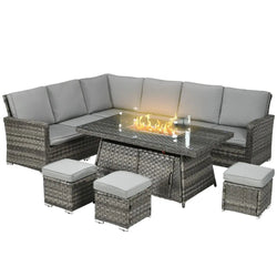 Outsunny 7 Pieces Rattan Garden Furniture Set w/ 50,000 BTU Gas Fire Pit Table Outsunny