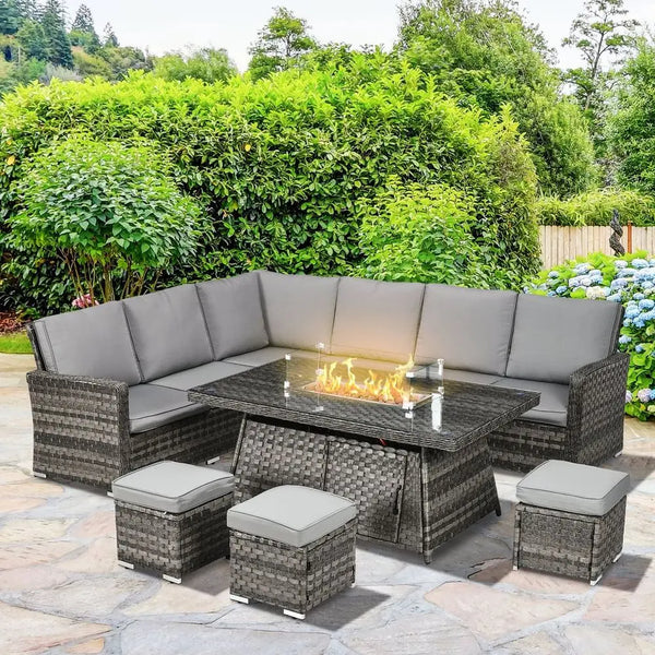 Outsunny 7 Pieces Rattan Garden Furniture Set w/ 50,000 BTU Gas Fire Pit Table Outsunny
