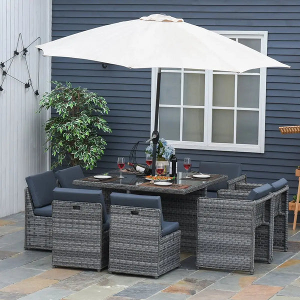 9 PCs Rattan Dining Table Chair Set 8-seater Cube Sofa & Umbrella Table Grey Outsunny