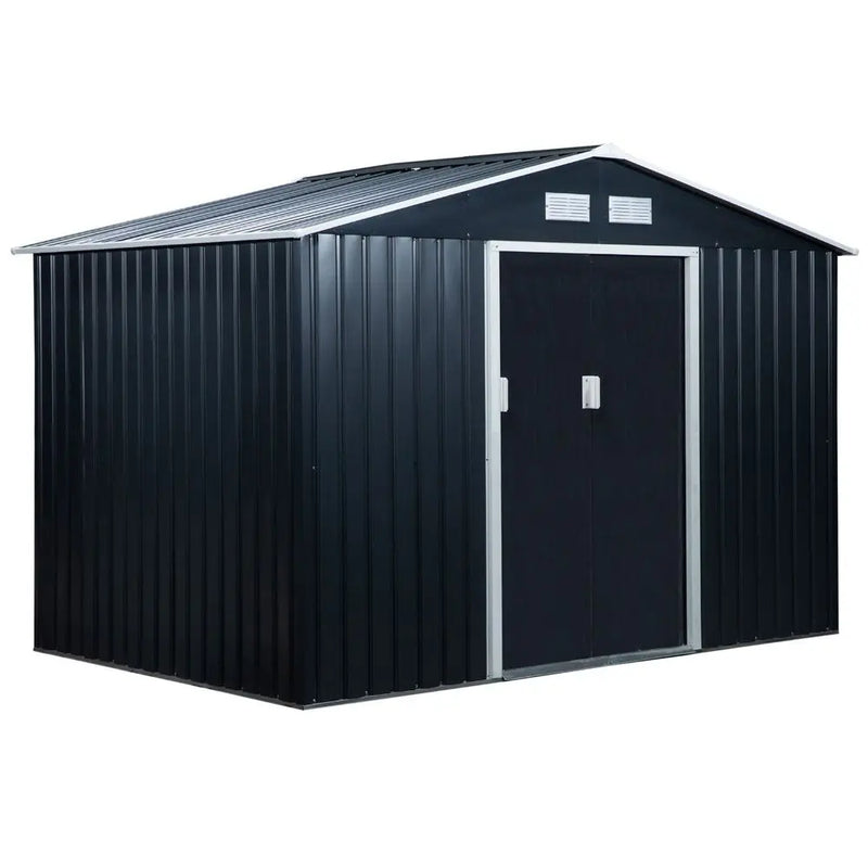 9 x 6FT Garden Roofed Metal Storage with Foundation Vent & Doors, Dark Grey Outsunny