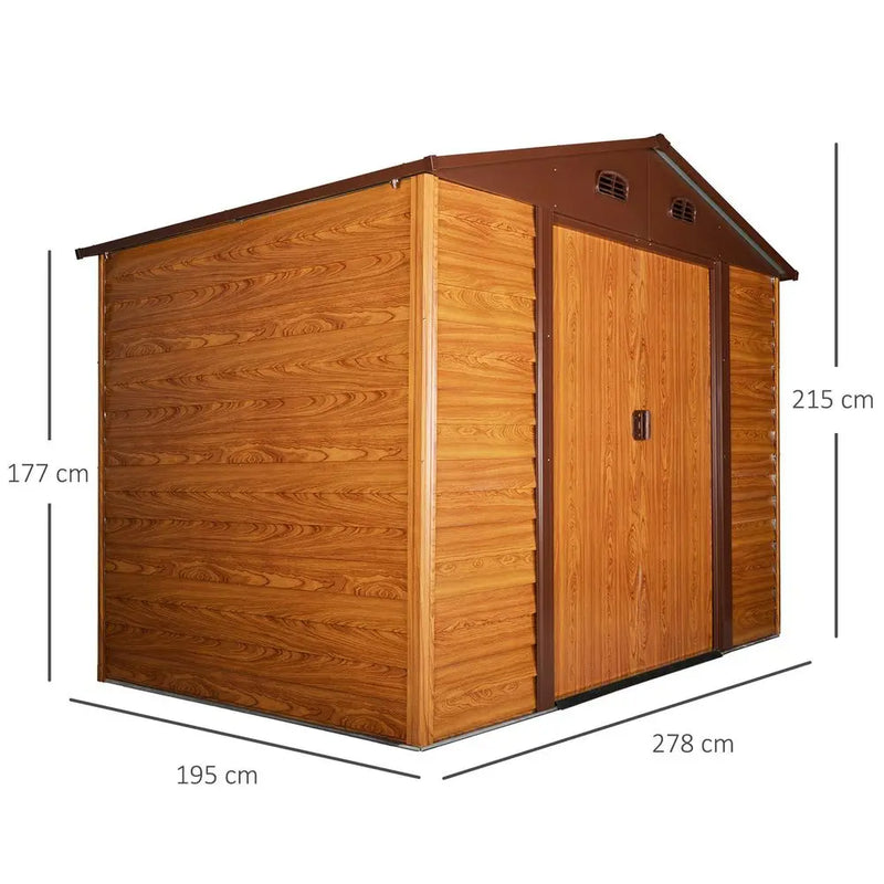 9.1x6.4ft Metal Garden Shed House Tool Storage & Foundation & Ventilation Brown Outsunny