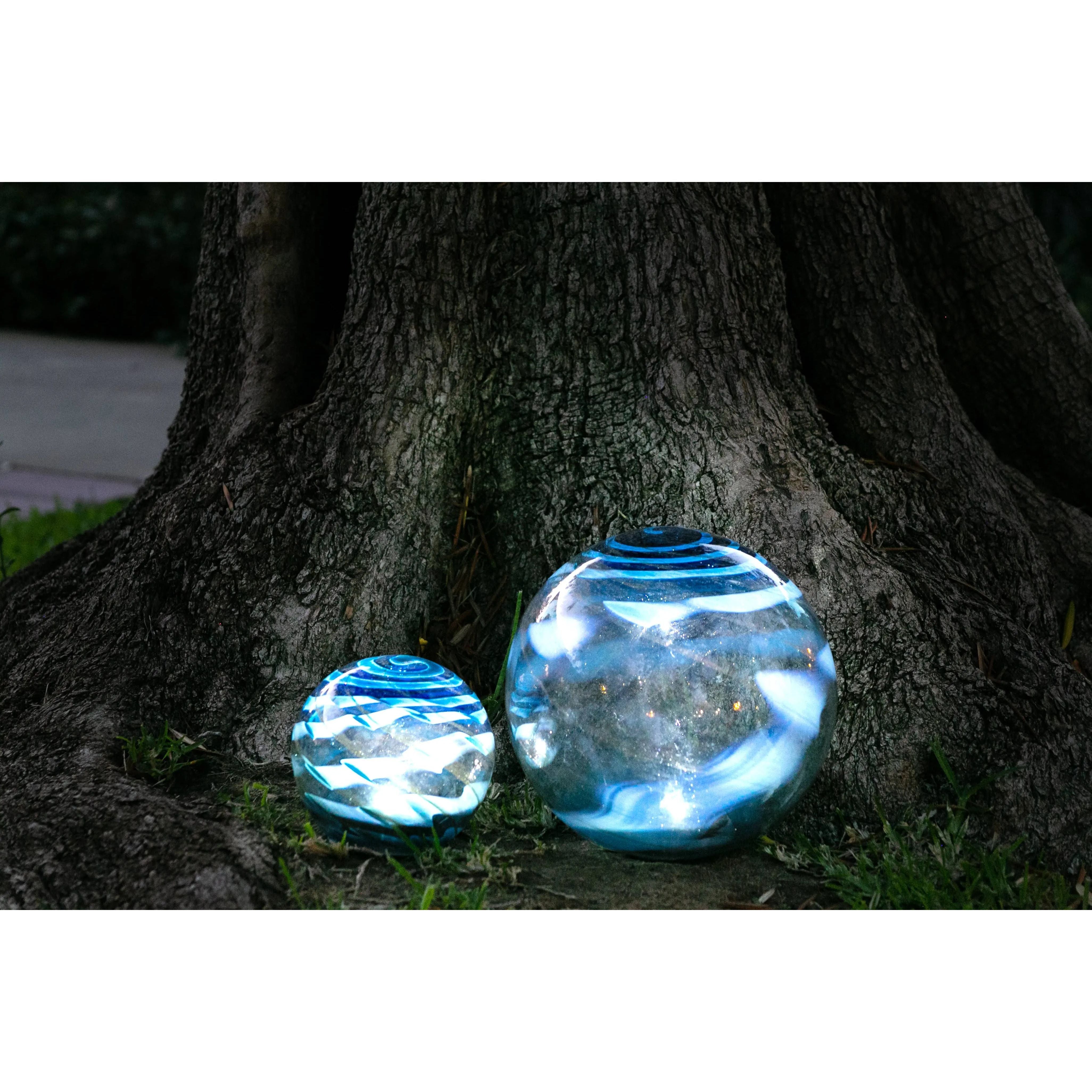 Art Glass Solar LED Orb, Light Blue w Gold Swirl: 5