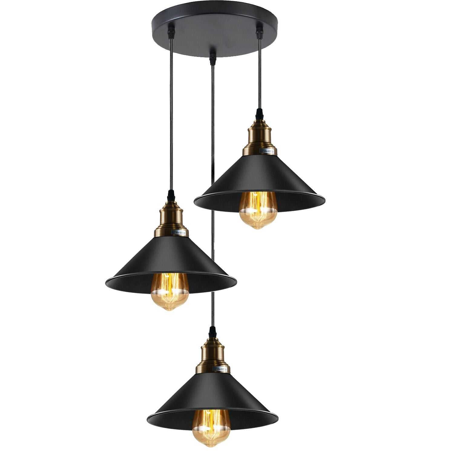 Black 3 Way Pendant Light Fixture Cone Shade Hanging Pendant Ceiling Lights~1492 Spirit Journeys