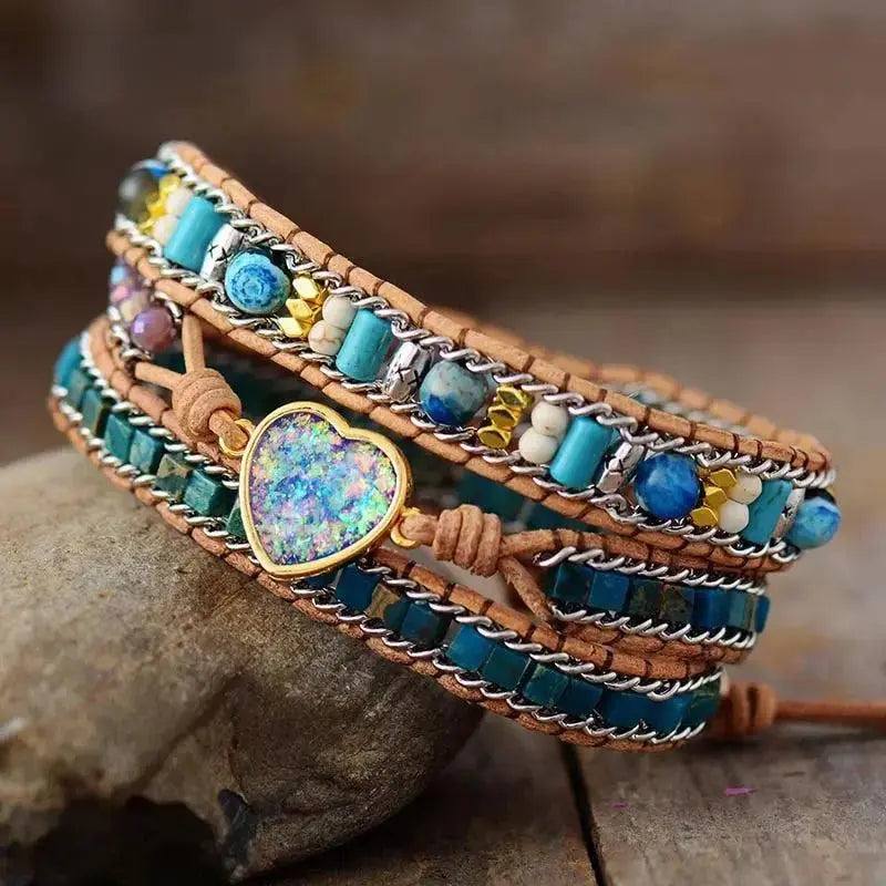 Blue  Heart Opal Leather Braided Bracelet Spirit Journeys Gifts