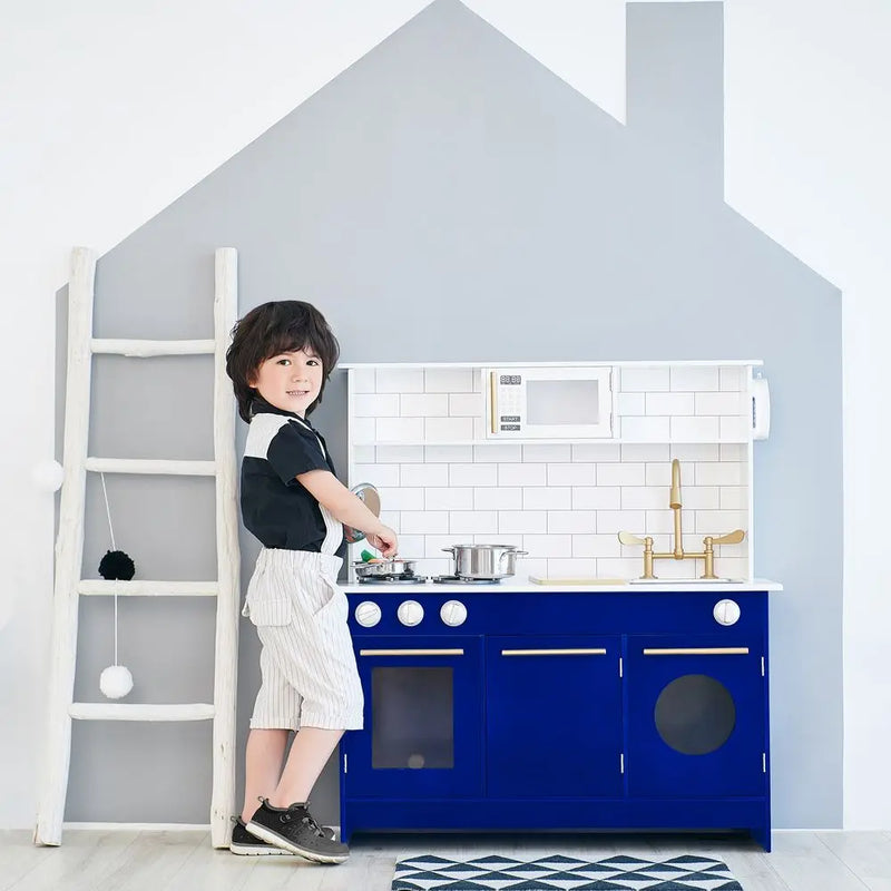 Blue Kids Toy Kitchen Wooden Cooker Children Imitation Play Teamson Kids