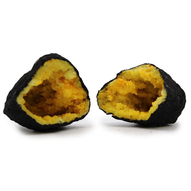 Coloured Calsite Geodes - Black Rock - Yellow Spirit Journeys Gifts