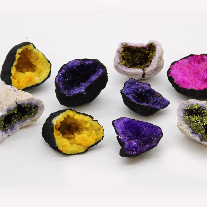 Coloured Calsite Geodes - Black Rock - Yellow Spirit Journeys Gifts