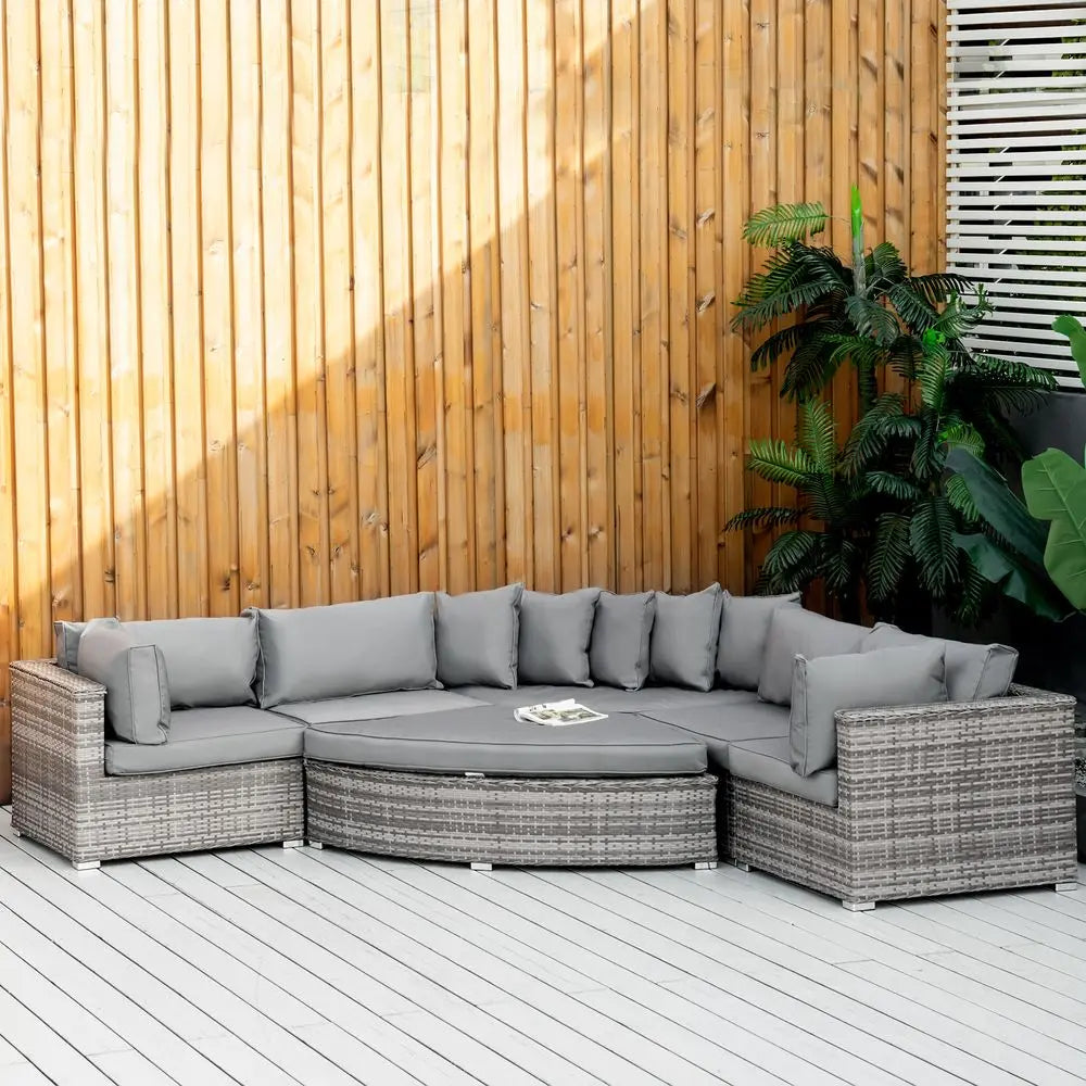 6-Seater  Rattan  Sofa Set Half Round w/ Cushions Grey Outsunny