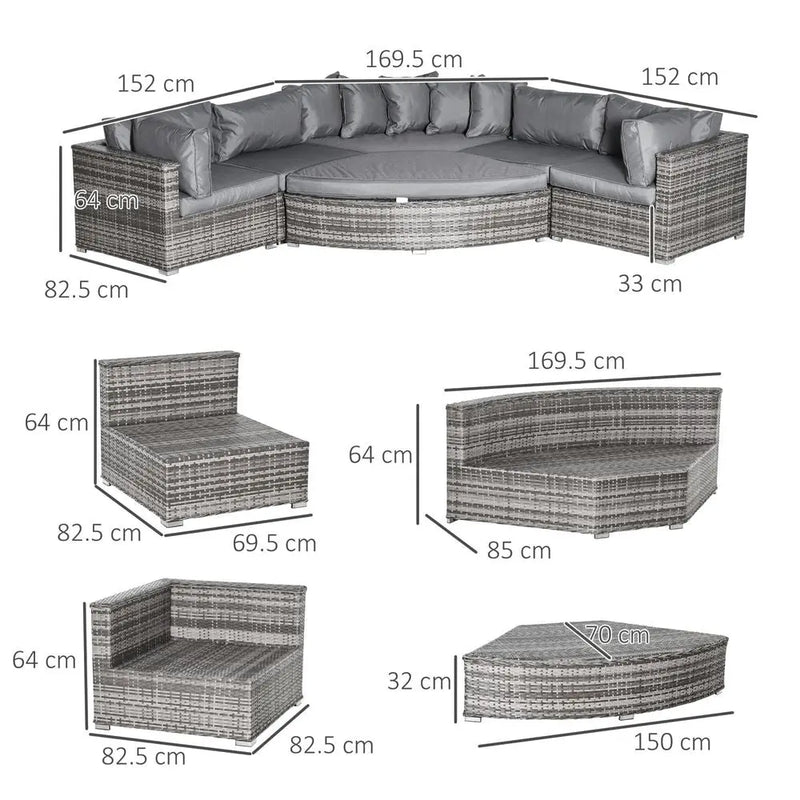 6-Seater  Rattan  Sofa Set Half Round w/ Cushions Grey Outsunny
