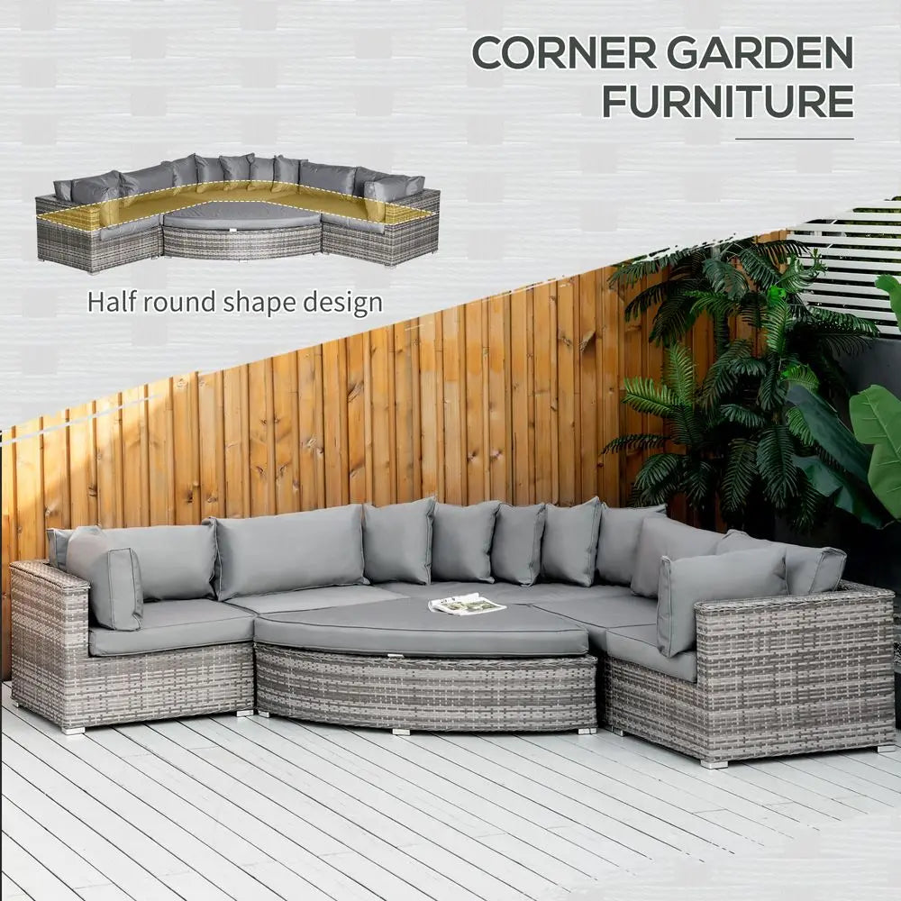 6-Seater  Rattan  Sofa Set Half Round w/ Cushions Grey Outsunny