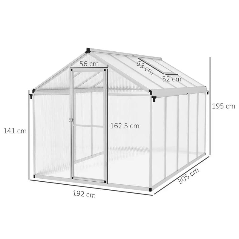 Outsunny 10x6ft Aluminium Greenhouse with/ Door Window Galvanised Base PC Panel Outsunny