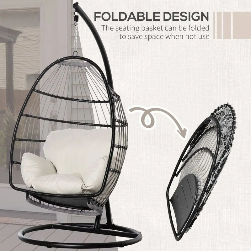 Rattan Weave Hanging Egg Chair w/ Folding Design Indoor & Outdoor Black Outsunny