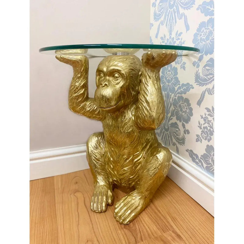 Gold Chimp With Glass Top Side Table gekofaire