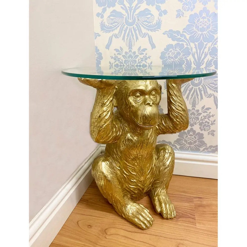 Gold Chimp With Glass Top Side Table gekofaire