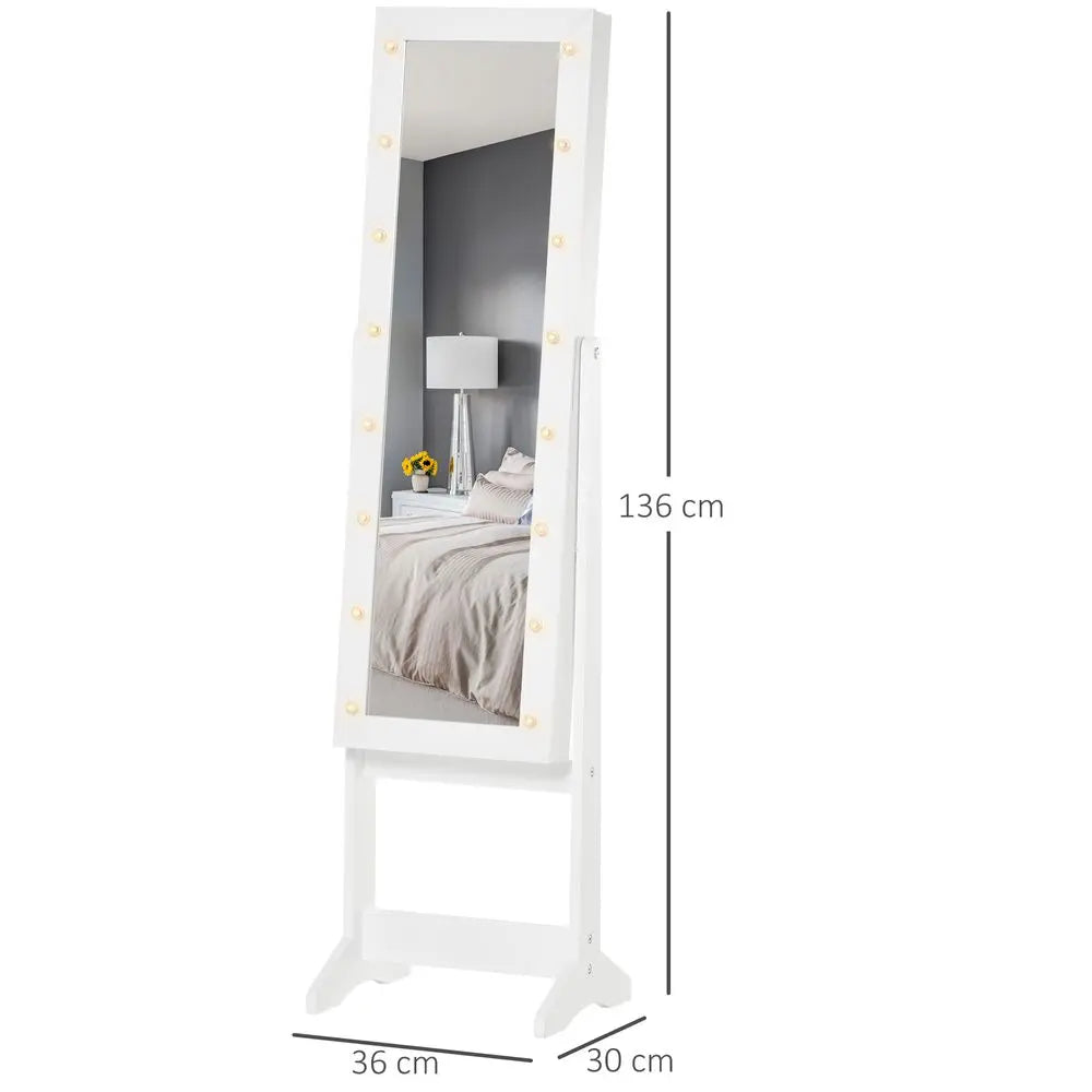 LED Mirrored Jewellery Cabinet, 36Lx30Wx136H cm-White HOMCOM