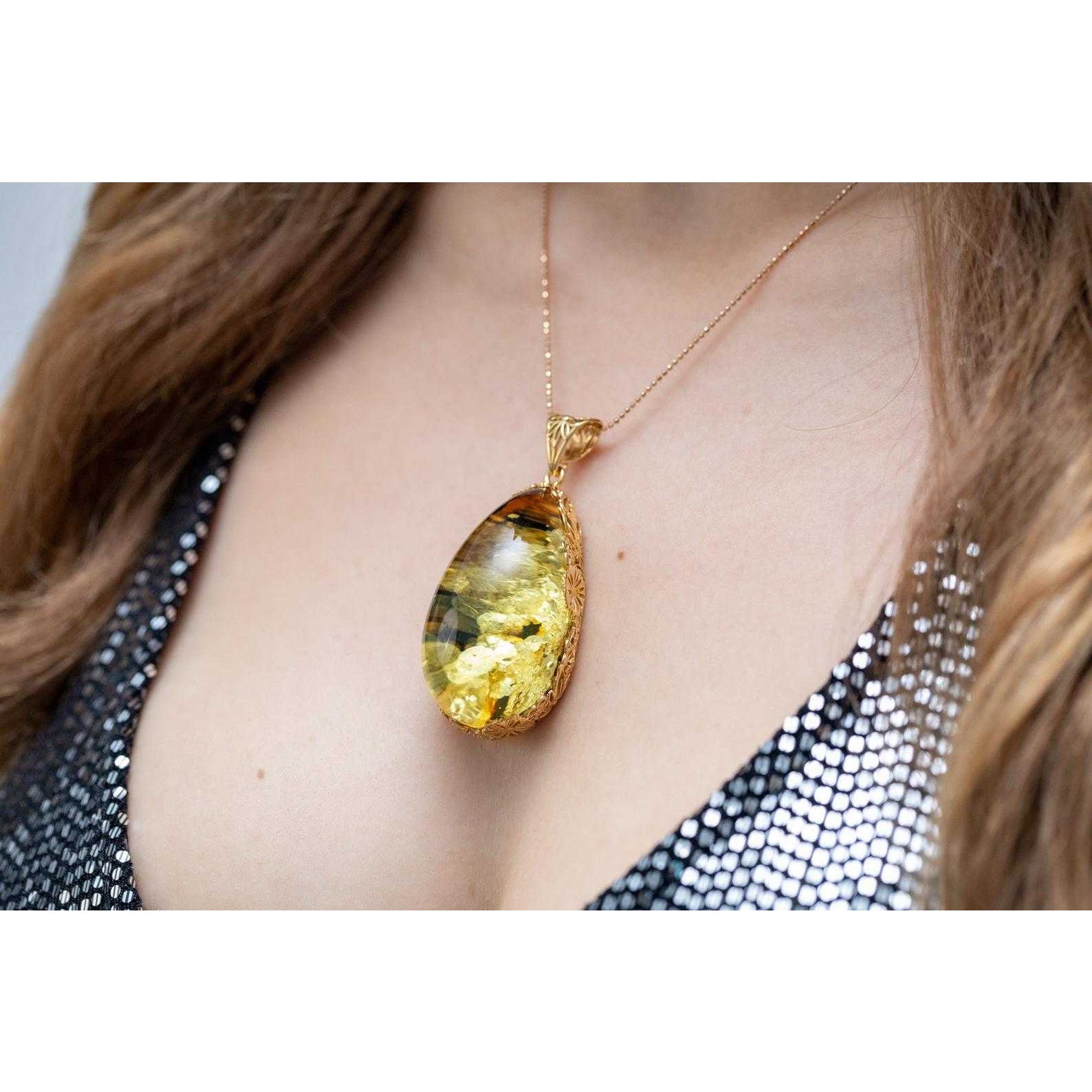 OOAK Gold Floral Flare Green Amber Pendant Spirit Journeys