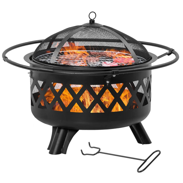 Outsunny 2-in-1 Outdoor Fire Pit with BBQ Grill, Patio Heater Log Wood Charcoal Burner, Firepit Bowl with Spark Screen Cover, Poker for Backyard Bonfire Spirit Journeys Gifts