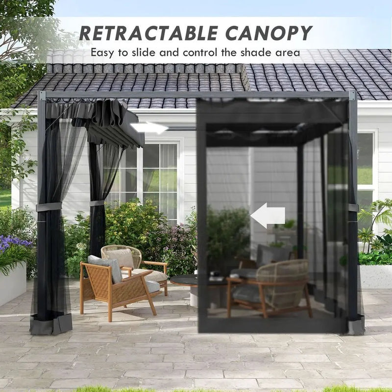 Outsunny 3 x 3 m Pergola with Retractable Roof and Netting, Dark Grey Outsunny