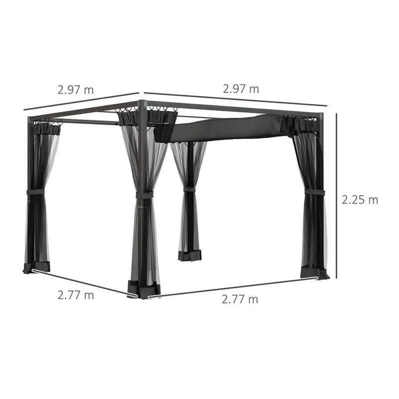 Outsunny 3 x 3 m Pergola with Retractable Roof and Netting, Dark Grey Outsunny