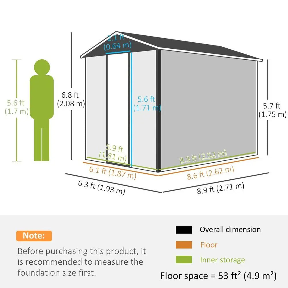 Outsunny 9'x6' Galvanised Metal Garden Shed Tool Storage Shed for Patio Grey Outsunny