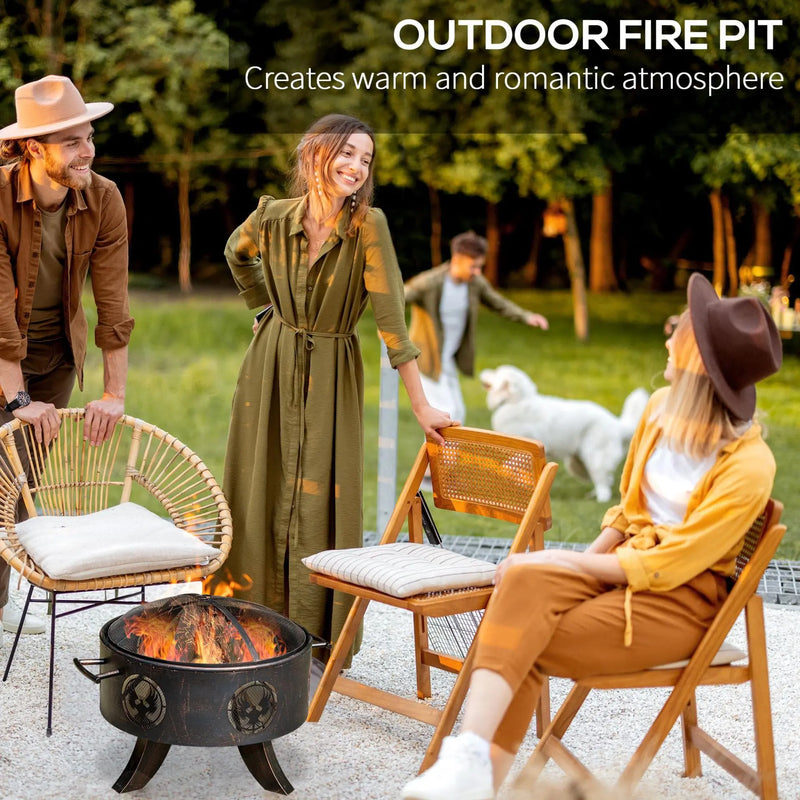 Outsunny Outdoor Fire Pit Patio Heater Charcoal Log Wood Burner with Screen Cover, Fire Bowl with Poker for Backyard, Bronze Tone Spirit Journeys Gifts