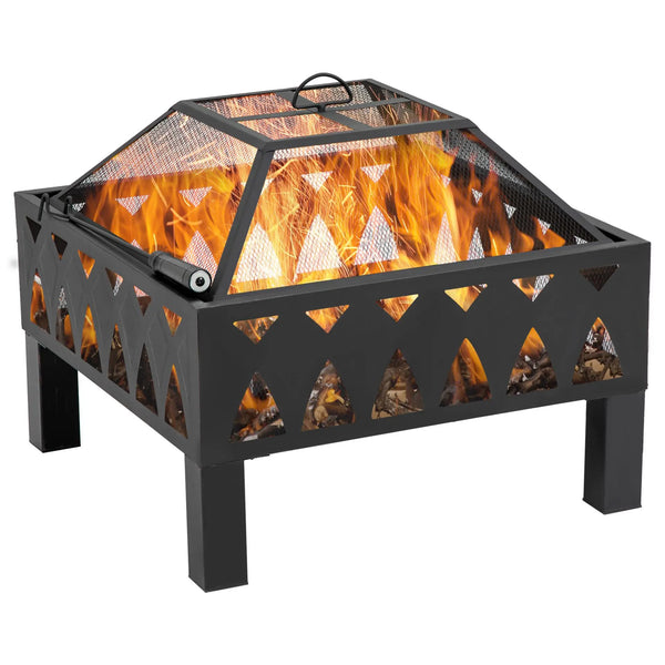 Outsunny Outdoor Fire Pit with Screen Cover, Wood Burner, Log Burning Bowl with Poker for Patio, Backyard, Black Spirit Journeys Gifts