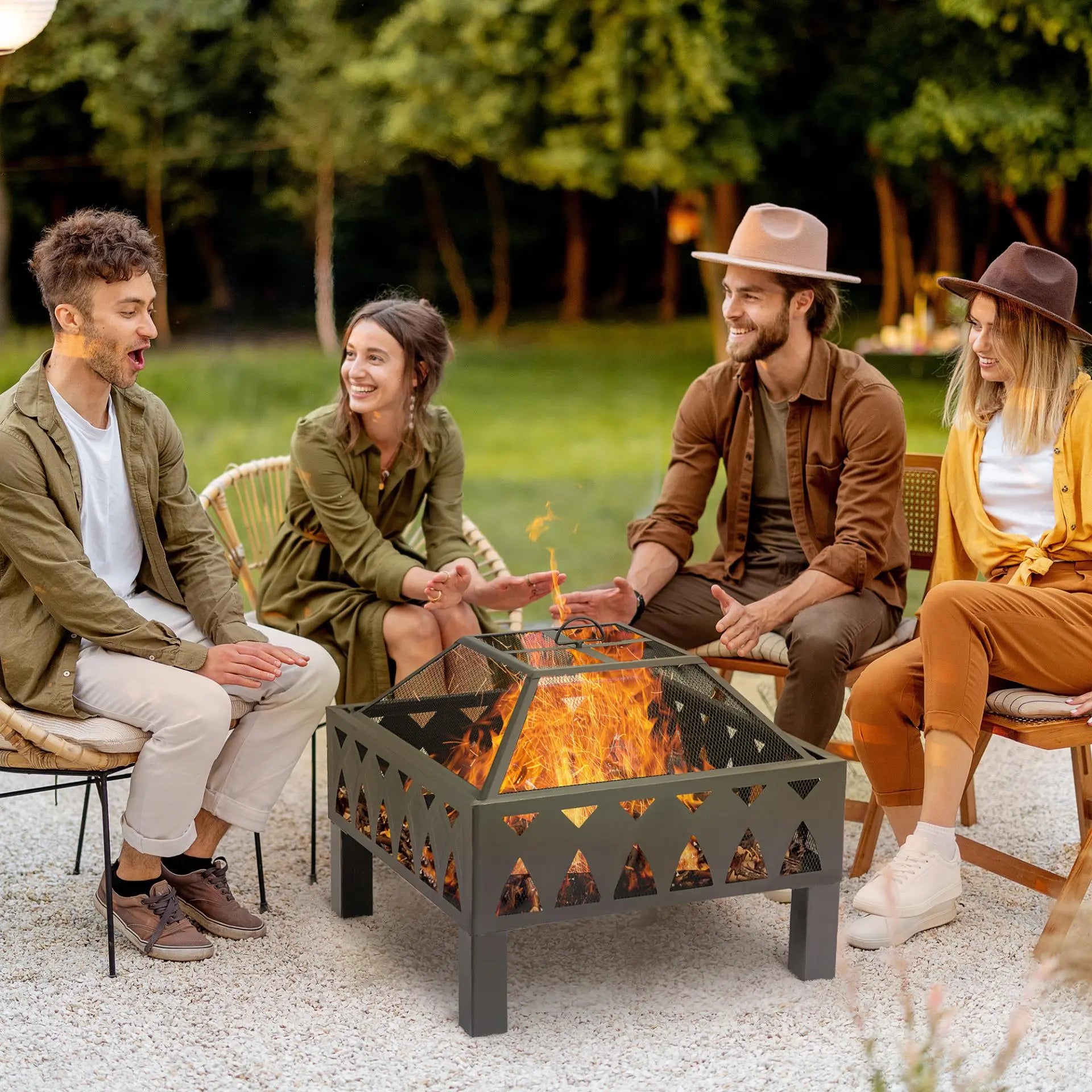 Outsunny Outdoor Fire Pit with Screen Cover, Wood Burner, Log Burning Bowl with Poker for Patio, Backyard, Black Spirit Journeys Gifts