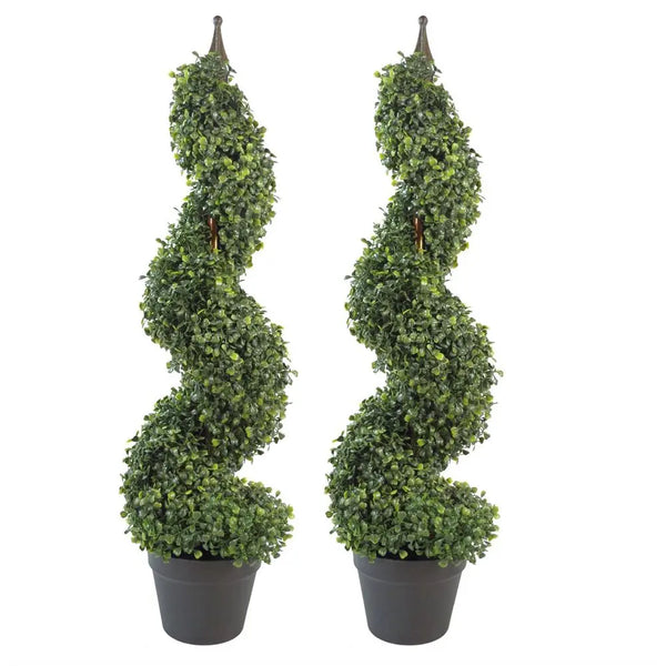 Pair of 90cm (3ft) Tall Artificial Boxwood Tower Trees Topiary Spiral Metal Top Leaf