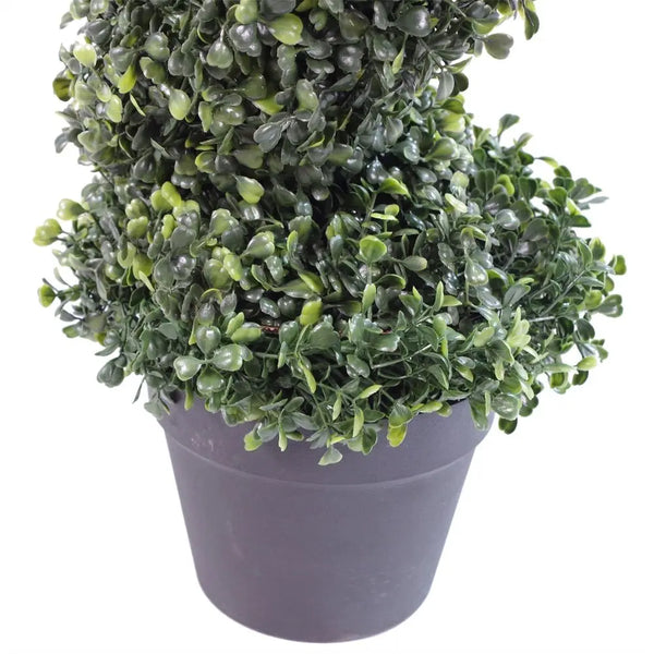 Pair of 90cm (3ft) Tall Artificial Boxwood Tower Trees Topiary Spiral Metal Top Leaf