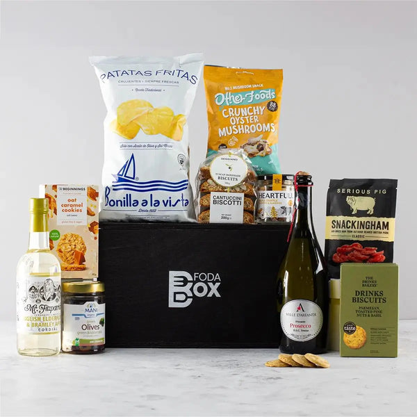Prosecco and Gourmet Snacks Hamper in Luxury Pine Box Spirit Journeys Gifts