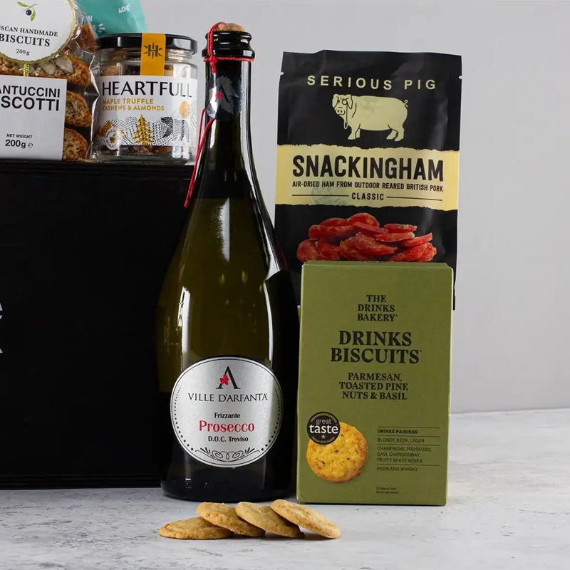 Prosecco and Gourmet Snacks Hamper in Luxury Pine Box Spirit Journeys Gifts