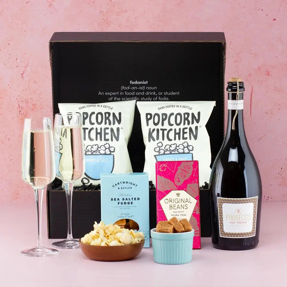 Prosecco, Popcorn & Fudge Hamper Spirit Journeys Gifts