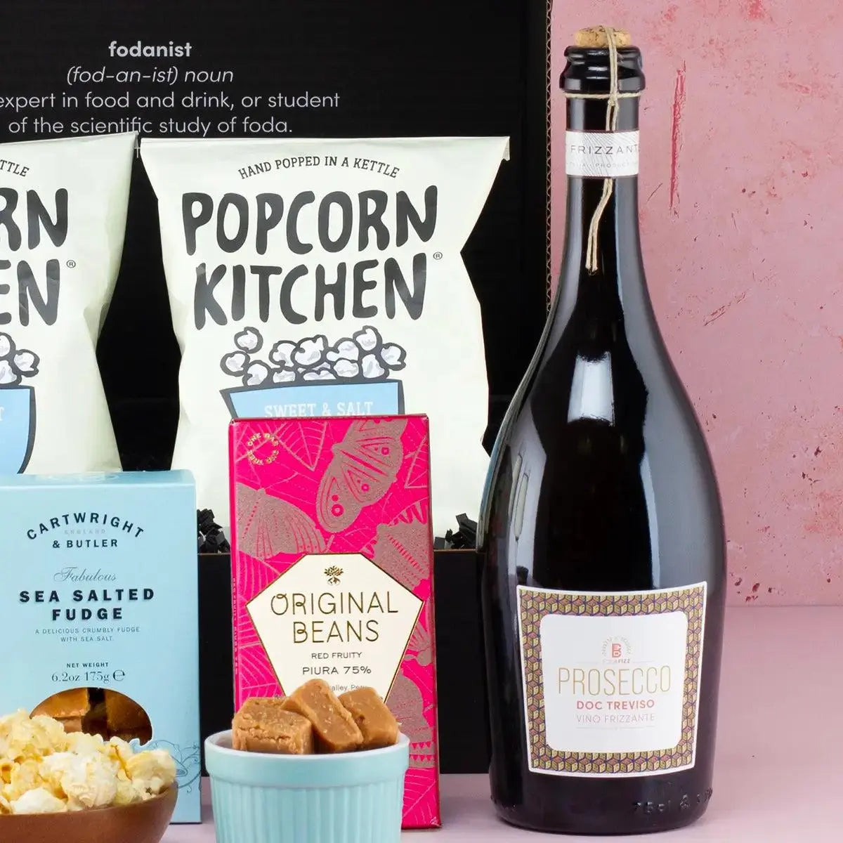 Prosecco, Popcorn & Fudge Hamper Spirit Journeys Gifts