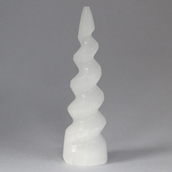 Selenite Spiral Unicorn Horn Tower - 15 cm Spirit Journeys Gifts