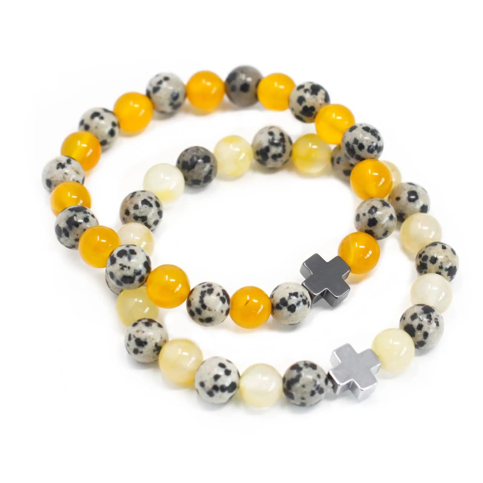 Set of 2 Gemstones Friendship Bracelets - Protection - Dalmatian Jasper & Yellow Agate Spirit Journeys Gifts