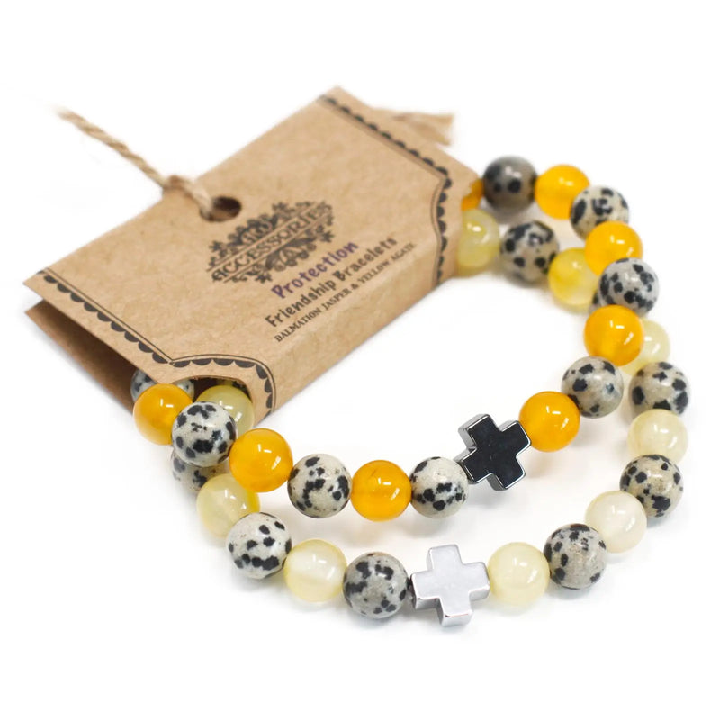 Set of 2 Gemstones Friendship Bracelets - Protection - Dalmatian Jasper & Yellow Agate Spirit Journeys Gifts