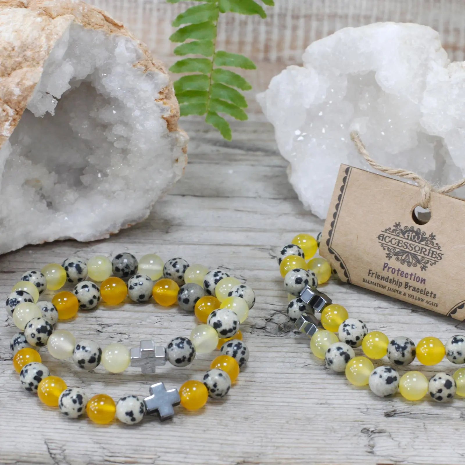 Set of 2 Gemstones Friendship Bracelets - Protection - Dalmatian Jasper & Yellow Agate Spirit Journeys Gifts