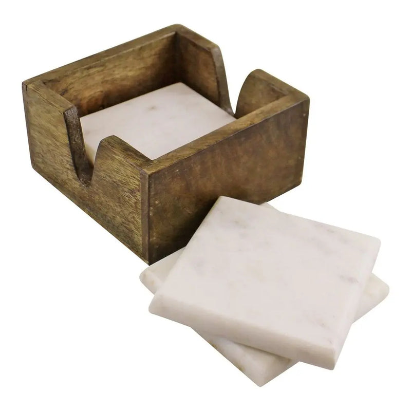 Set of 4 High Quality Marble Coasters In A Mango Wood Holder Country Cottage