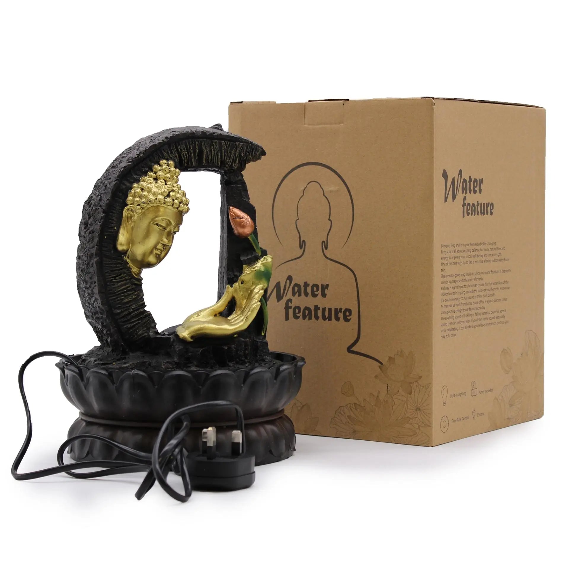 Tabletop Water Feature - 30cm - Golden Buddha & Lotus Spirit Journeys Gifts