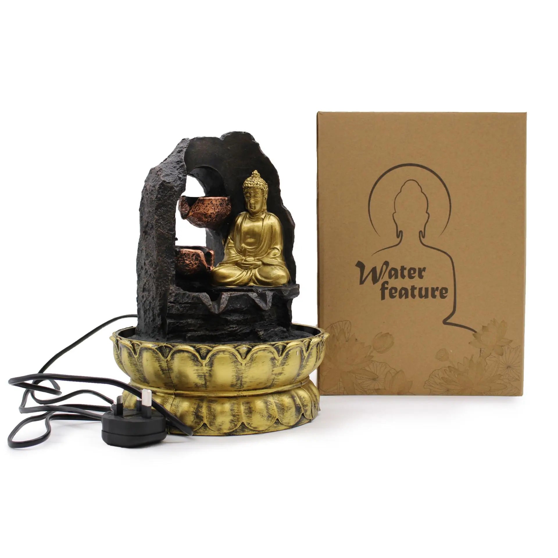 Tabletop Water Feature - 30cm - Golden Meditating Buddha Spirit Journeys Gifts