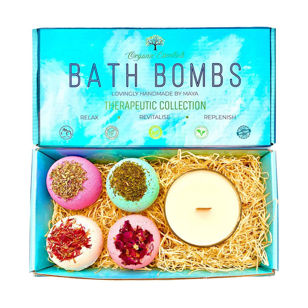 Therapeutic Bath Bomb Gift Set and Coconut & Monoi Scented Candle with Wood Wick Spirit Journeys Gifts