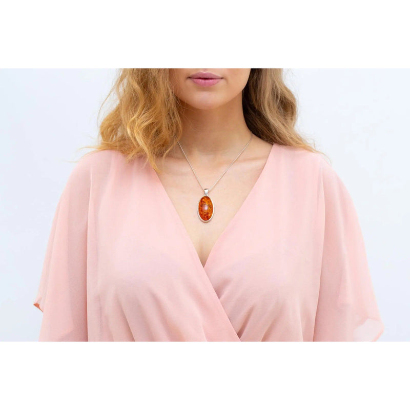Timeless Oval Amber Necklace, Cognac Amber Pendant with Silver Chain Spirit Journeys Gifts
