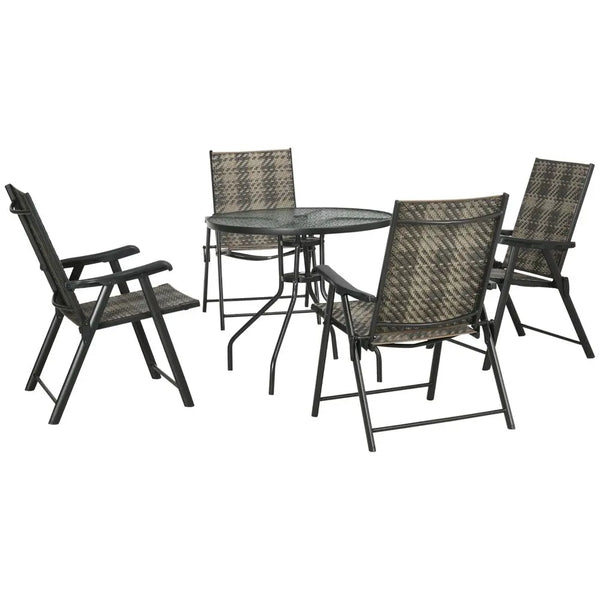 Outsunny 5 PCs Rattan Dining Sets w/ Umbrella Hole Table & Folding Armchair Outsunny